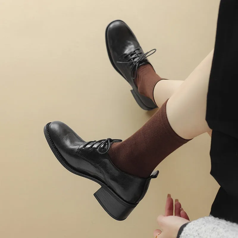 Round Toe Sheepskin Lace-Up Oxford Shoes with 50mm Block Heel Black/Brown Rollie Oxfords