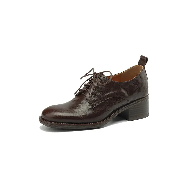 Shoes Similar To Oxfords Round Toe Sheepskin Lace-Up Oxford Shoes with 50mm Block Heel Black/Brown