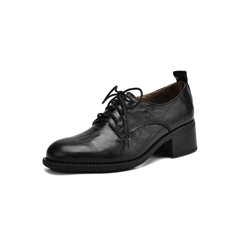 Oxfords Comfortable Round Toe Sheepskin Lace-Up Oxford Shoes with 50mm Block Heel Black/Brown