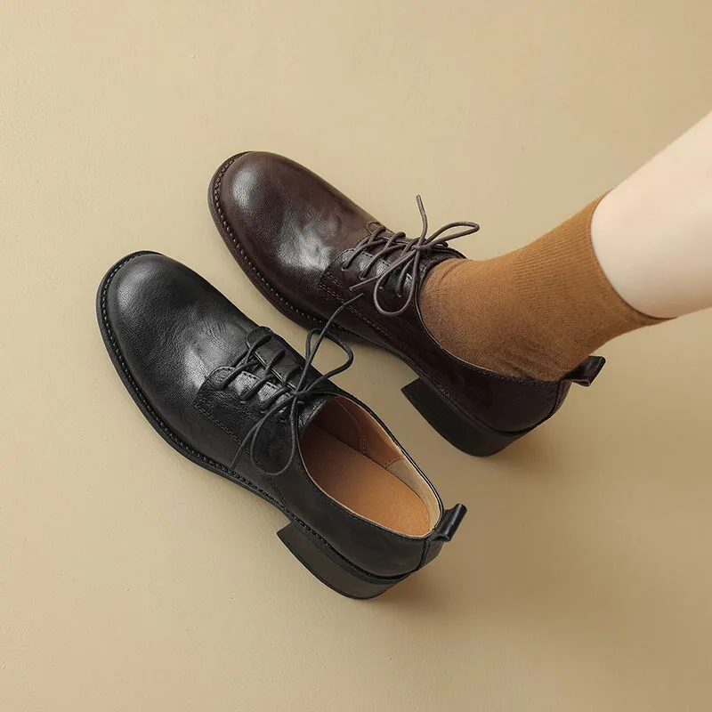 Round Toe Sheepskin Lace-Up Oxford Shoes with 50mm Block Heel Black/Brown Trail Oxfords