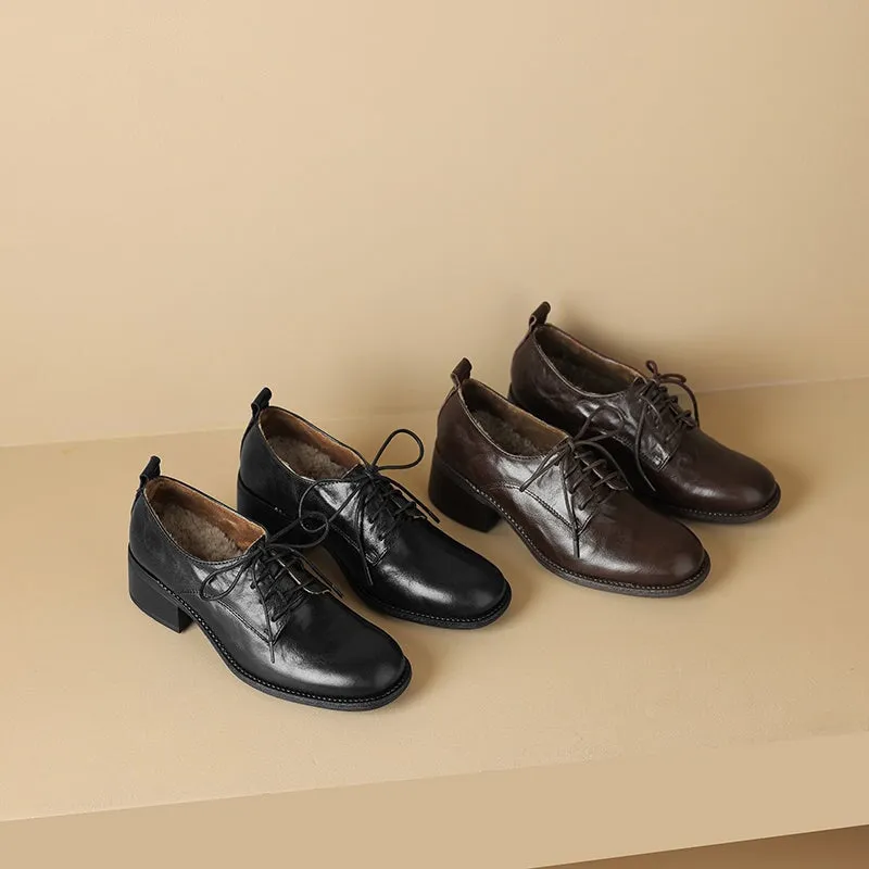 Perforated Leather Oxfords Oxfords Round Toe Sheepskin Lace-Up Oxford Shoes with 50mm Block Heel Black/Brown