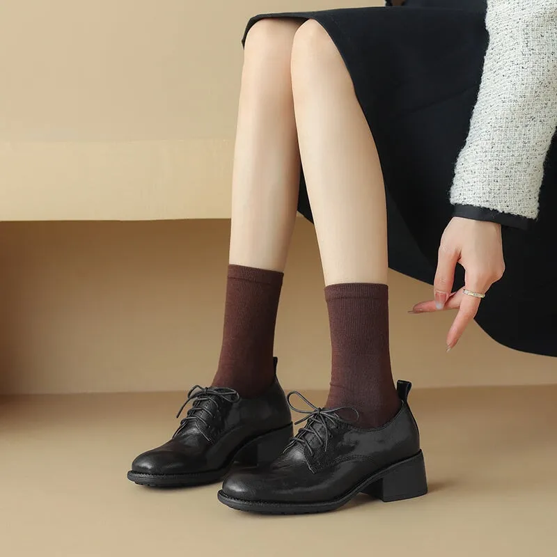 Oxfords Brogues And Derby Shoes Round Toe Sheepskin Lace-Up Oxford Shoes with 50mm Block Heel Black/Brown