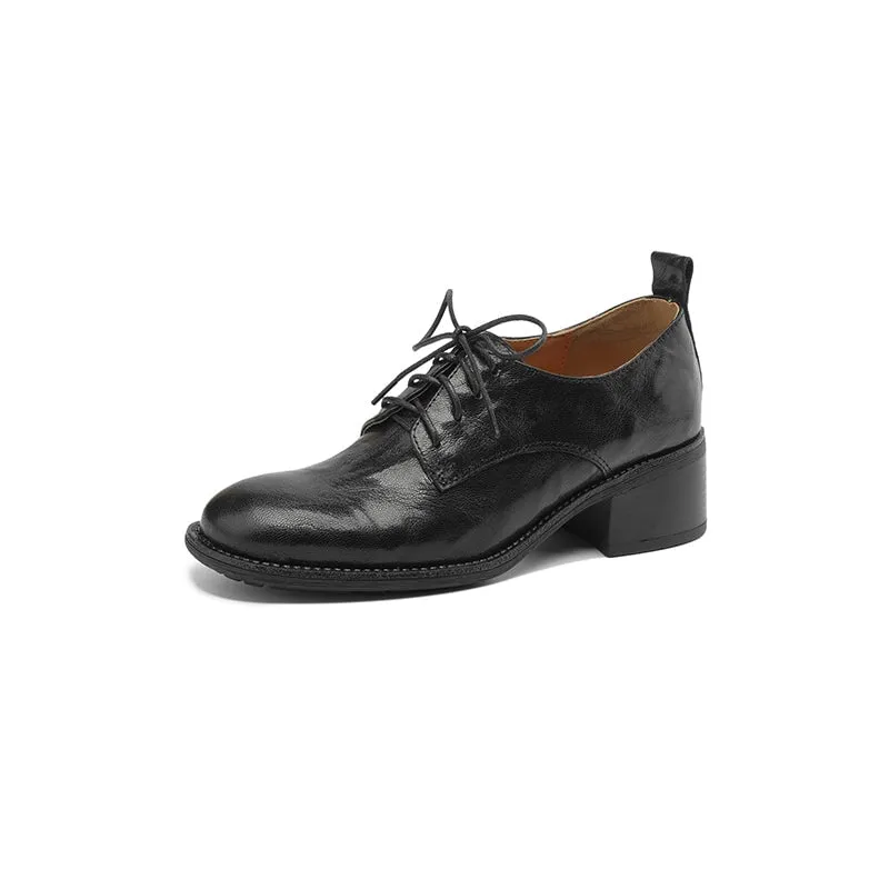 Ultra Wingtip Oxfords Round Toe Sheepskin Lace-Up Oxford Shoes with 50mm Block Heel Black/Brown