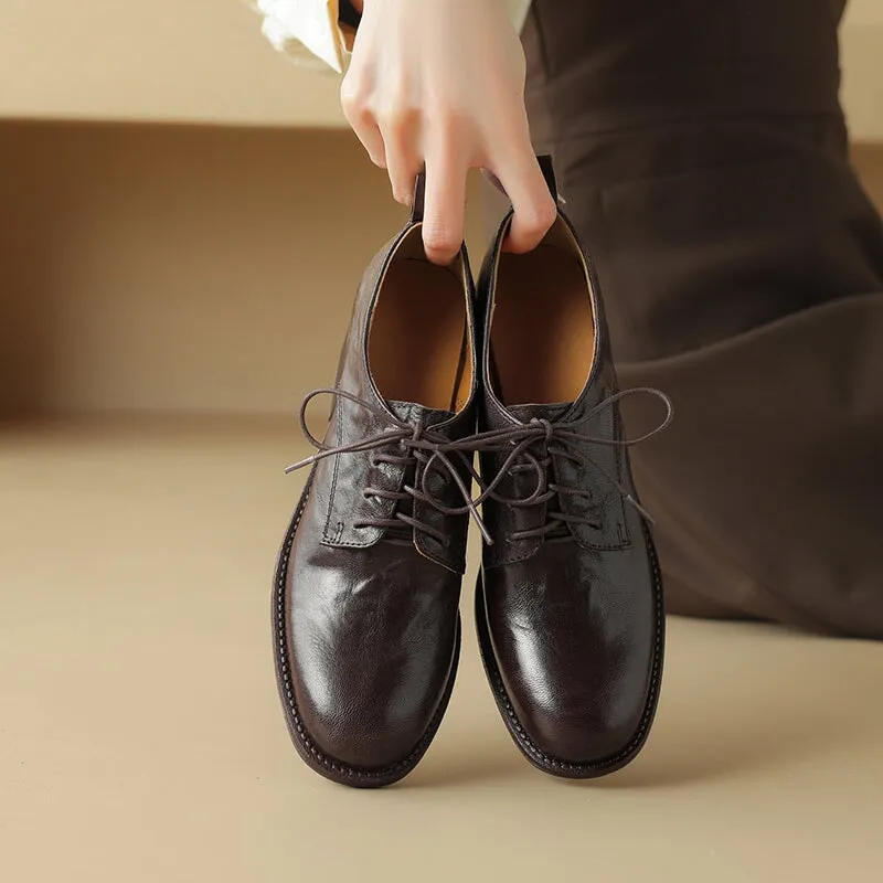 Round Toe Sheepskin Lace-Up Oxford Shoes with 50mm Block Heel Black/Brown 8053 Vintage Smooth Leather Oxford Shoes