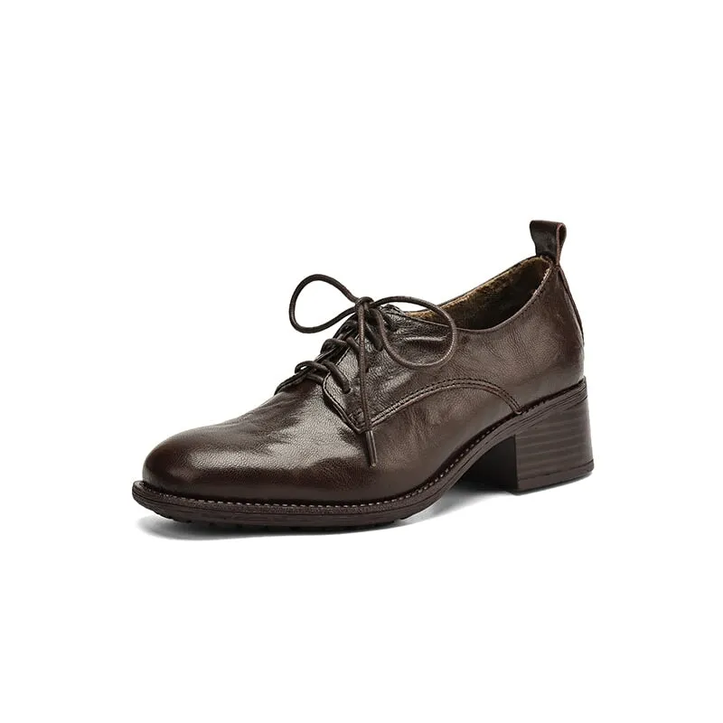 Difference Between Oxford And Derby Round Toe Sheepskin Lace-Up Oxford Shoes with 50mm Block Heel Black/Brown
