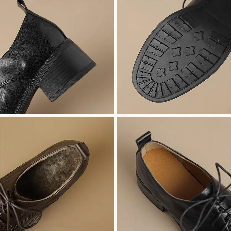 Francisco Cap Toe Oxfords Round Toe Sheepskin Lace-Up Oxford Shoes with 50mm Block Heel Black/Brown