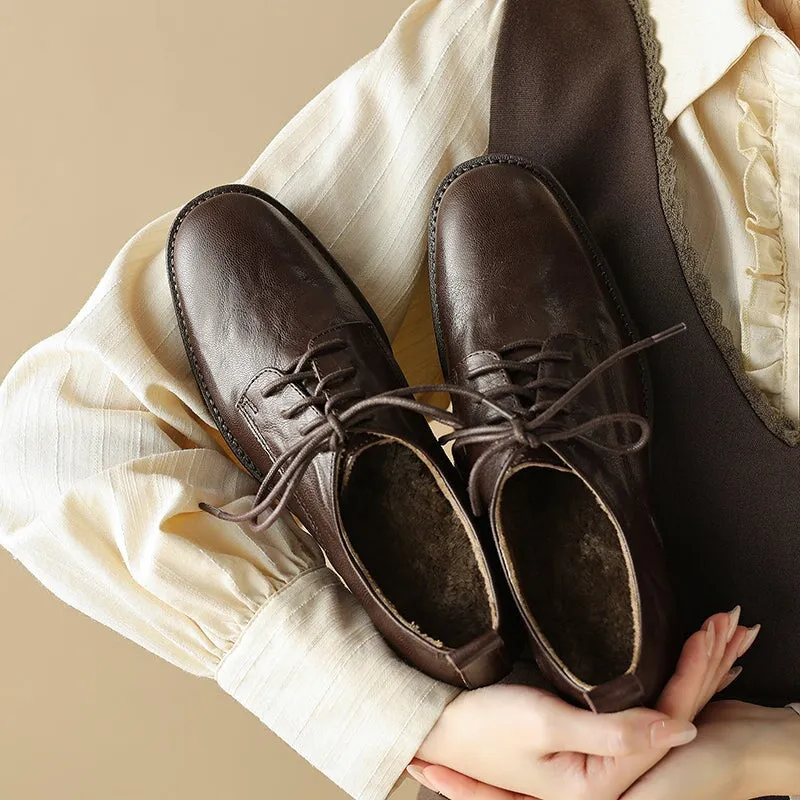 Strap Oxfords Round Toe Sheepskin Lace-Up Oxford Shoes with 50mm Block Heel Black/Brown
