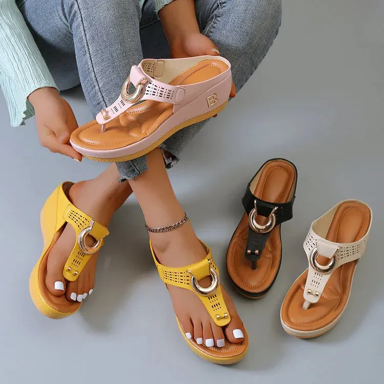 Low-Wedge Women Orthopedic Sandals Casual Flat Shoes Flip Flops Ladies Anti-Slip Leather Flip Flops Reef