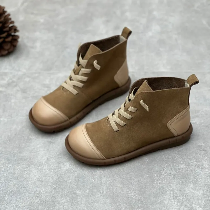 Suede Oxford Boots Soft Leather Ankle Booties Handmade Flat Barefoot Shoes Color Blocking in Coffee/Khaki