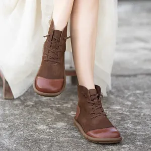 Billy Low Top Oxfords Soft Leather Ankle Booties Handmade Flat Barefoot Shoes Color Blocking in Coffee/Khaki
