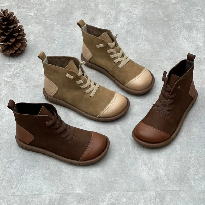 Henry Grand Cap Toe Oxfords Soft Leather Ankle Booties Handmade Flat Barefoot Shoes Color Blocking in Coffee/Khaki