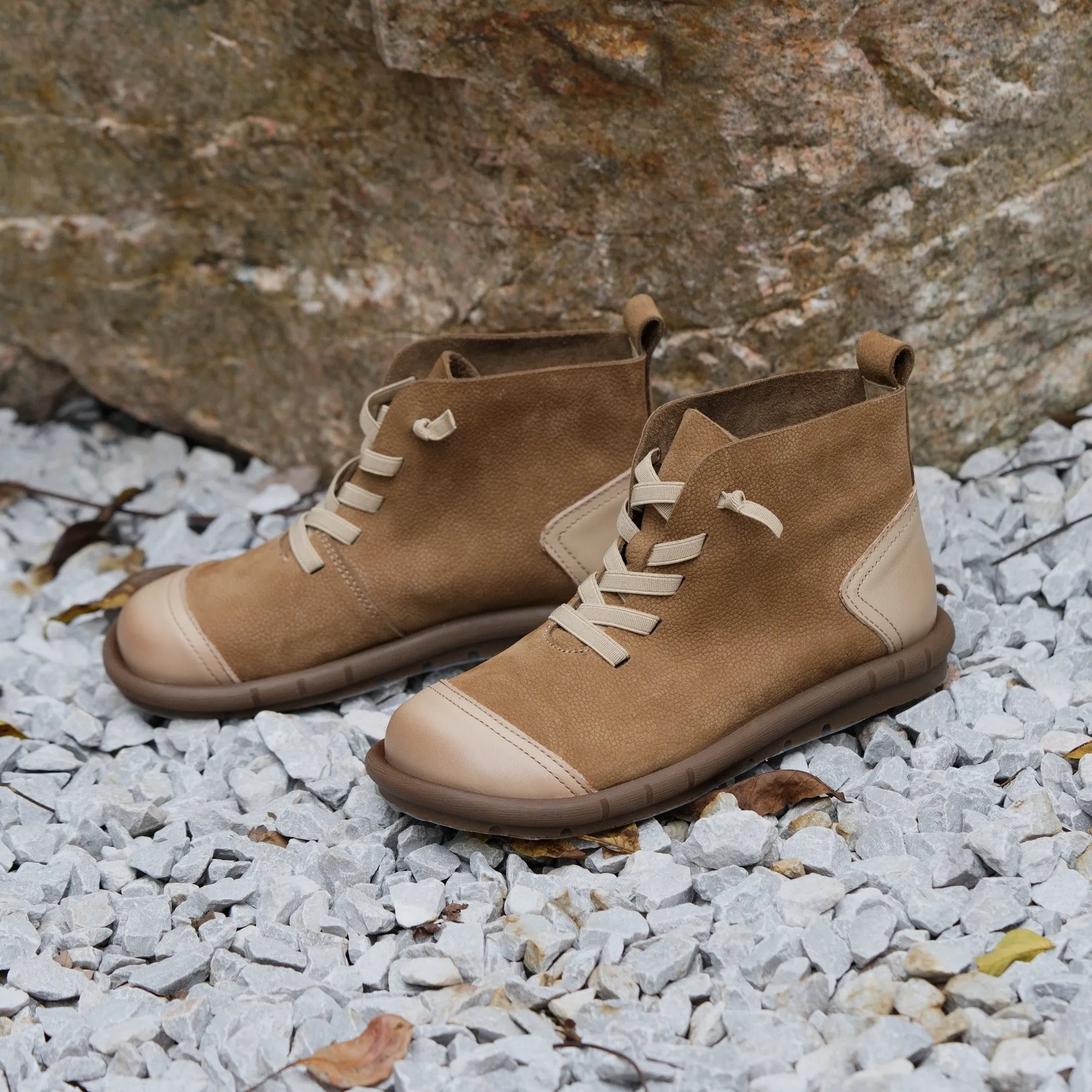 Soft Leather Ankle Booties Handmade Flat Barefoot Shoes Color Blocking in Coffee/Khaki Keen Targhee Iii Oxford