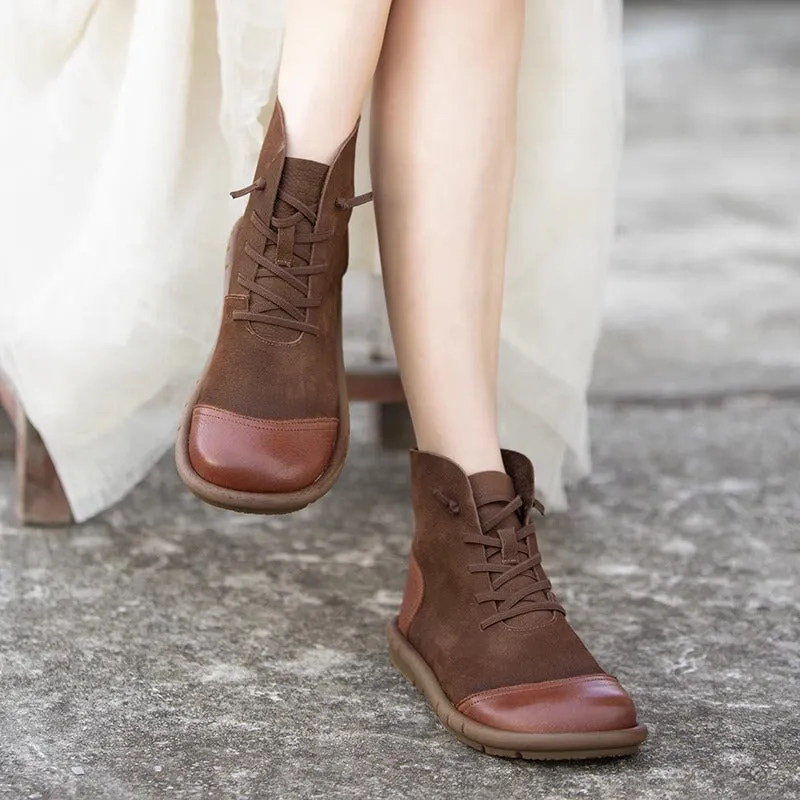 Soft Leather Ankle Booties Handmade Flat Barefoot Shoes Color Blocking in Coffee/Khaki Bespoke Oxfords