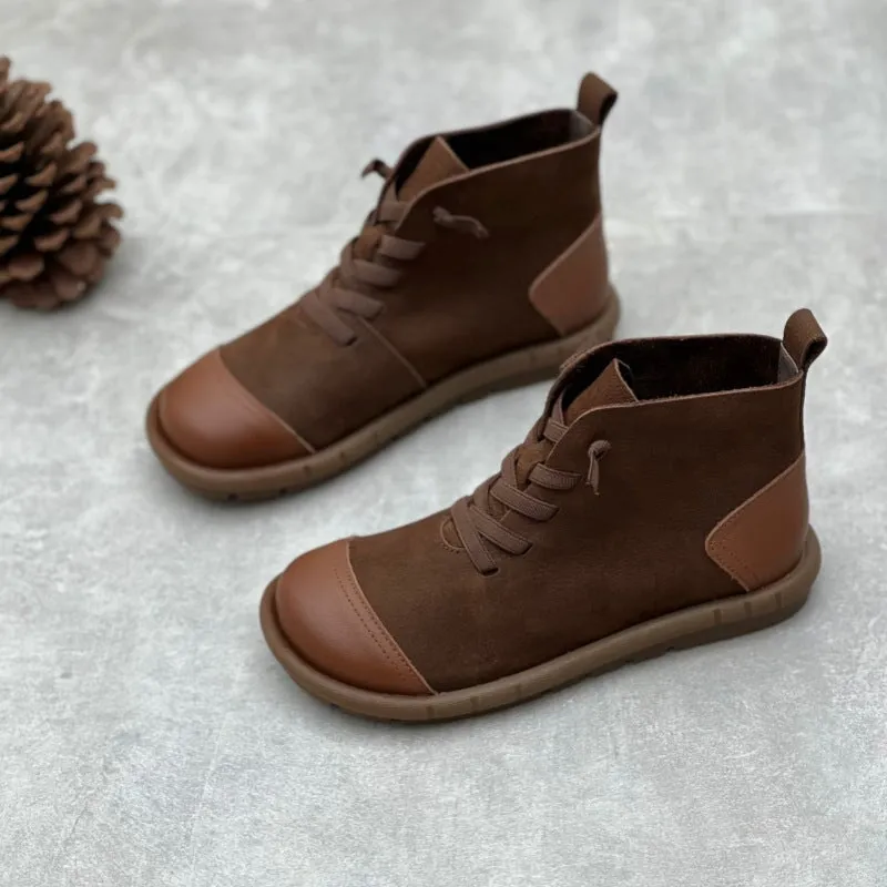 Block Heel Oxford Shoes Soft Leather Ankle Booties Handmade Flat Barefoot Shoes Color Blocking in Coffee/Khaki
