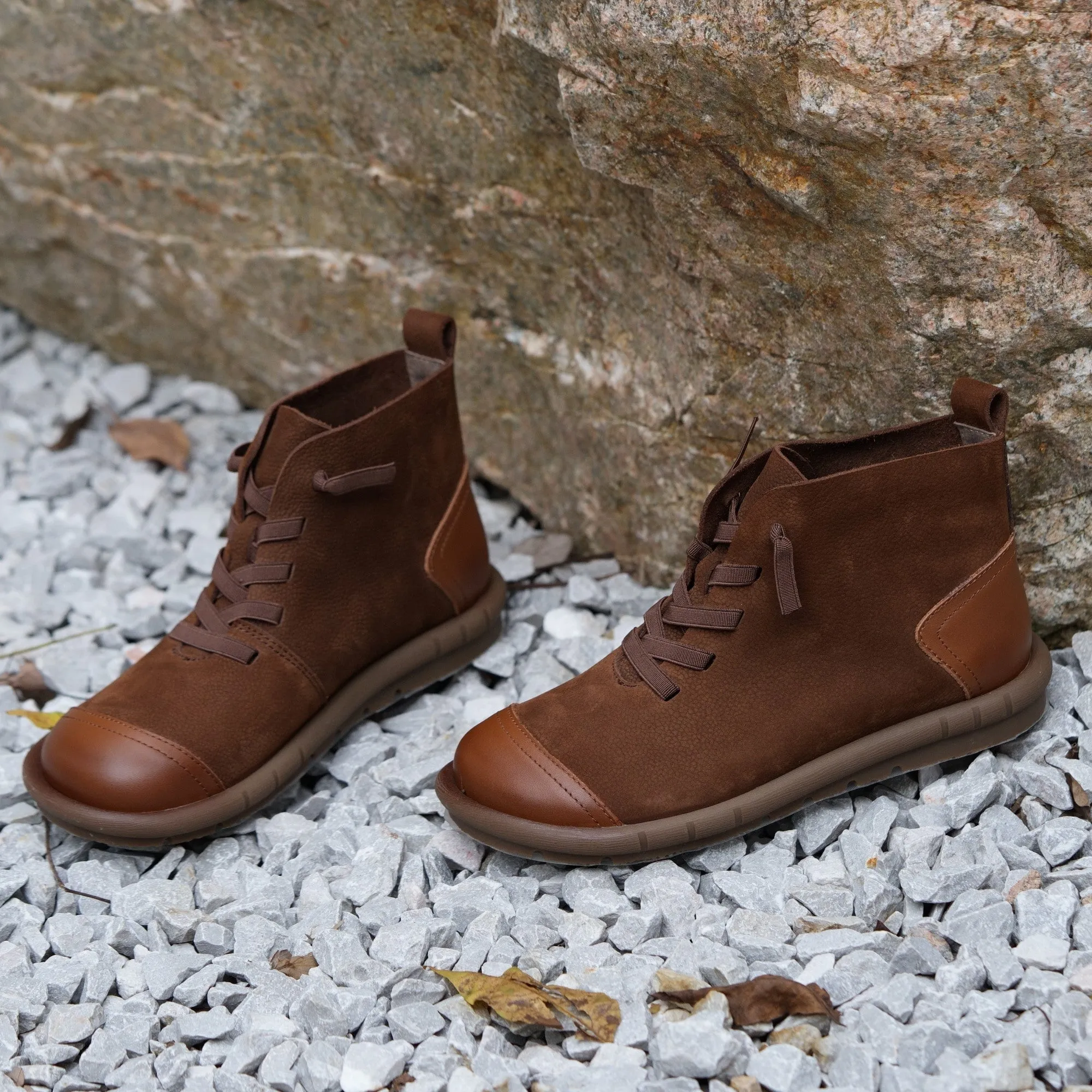 Spectator Oxfords Soft Leather Ankle Booties Handmade Flat Barefoot Shoes Color Blocking in Coffee/Khaki