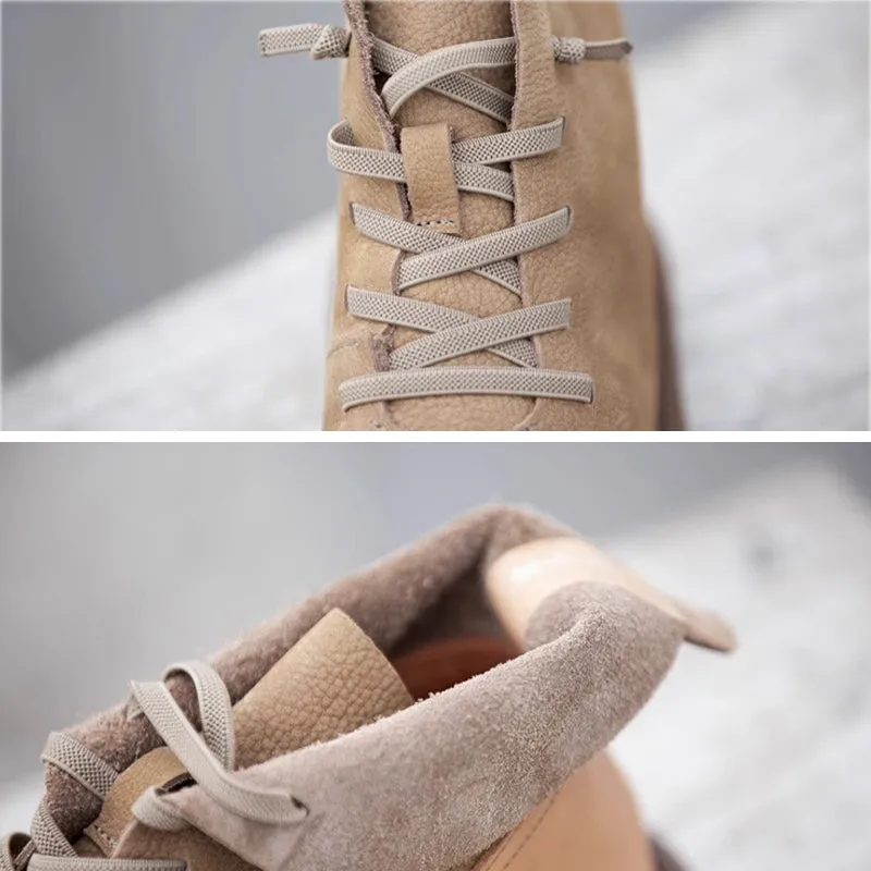 Waterproof Oxford Fabric Soft Leather Ankle Booties Handmade Flat Barefoot Shoes Color Blocking in Coffee/Khaki