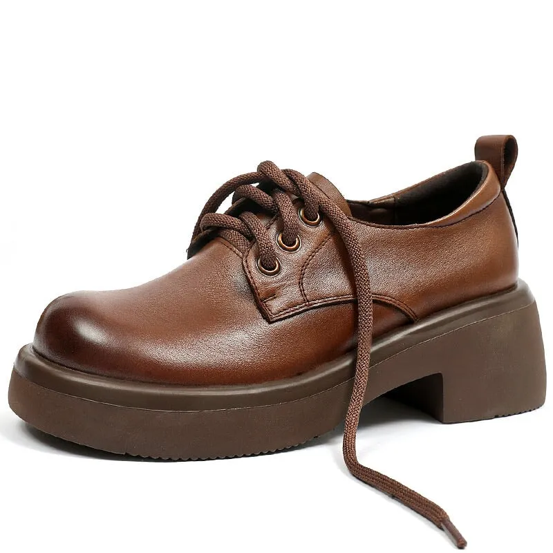 Walnut Oxfords Round Toe Block Heel Oxford Shoes Retro Lace Up Leather Shoes Black/Brown