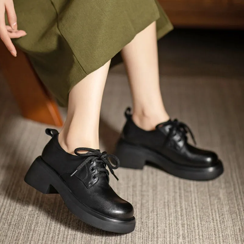 Round Toe Block Heel Oxford Shoes Retro Lace Up Leather Shoes Black/Brown 8053 Vintage Smooth Leather Oxford Shoes
