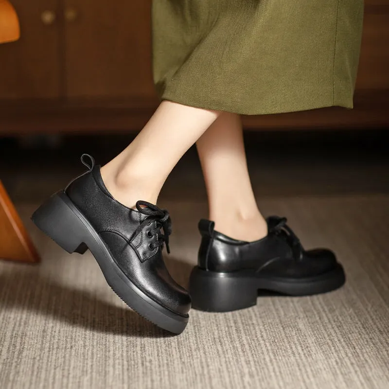 Blush Oxfords Round Toe Block Heel Oxford Shoes Retro Lace Up Leather Shoes Black/Brown