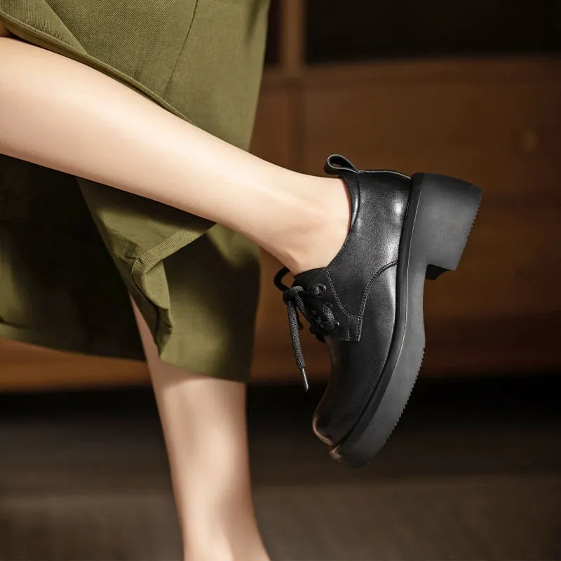 Define Oxford Shoes Round Toe Block Heel Oxford Shoes Retro Lace Up Leather Shoes Black/Brown