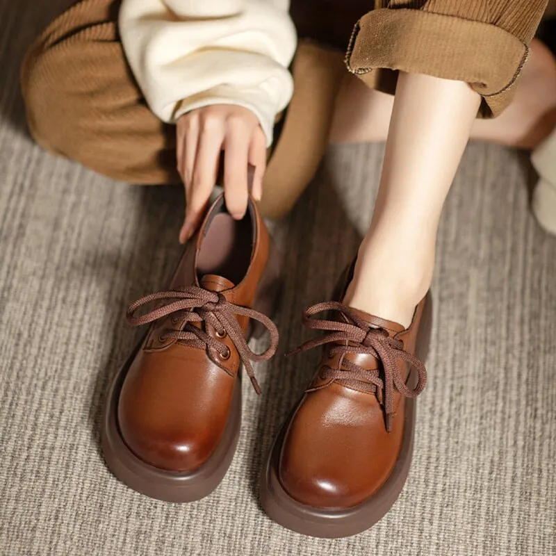 We Are Oxfords Not Brogues Meaning Round Toe Block Heel Oxford Shoes Retro Lace Up Leather Shoes Black/Brown