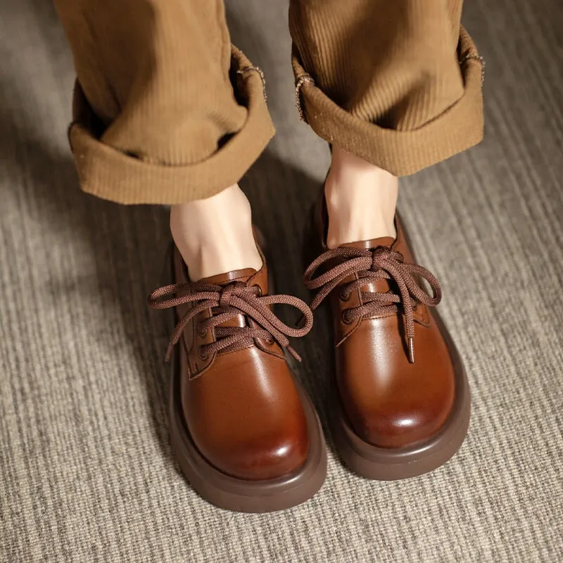 Round Toe Block Heel Oxford Shoes Retro Lace Up Leather Shoes Black/Brown Maison Margiela Oxfords