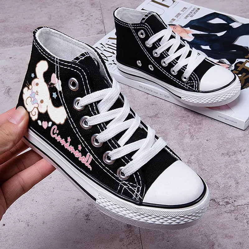 Casual Work Sneakers Black Kawaii Dog Print Student High Top Canvas Kids Size