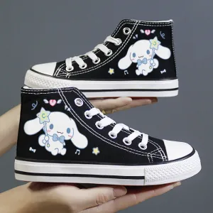 Black Kawaii Dog Print Student High Top Canvas Kids Size Stability Sneakers For Walking