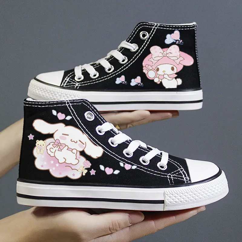 Childrens Sneakers Black Kawaii Dog Print Student High Top Canvas Kids Size
