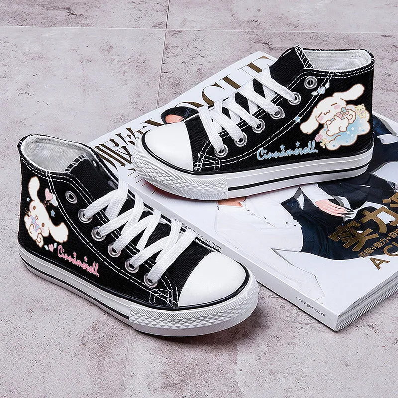 Black Kawaii Dog Print Student High Top Canvas Kids Size High Top Sneakers