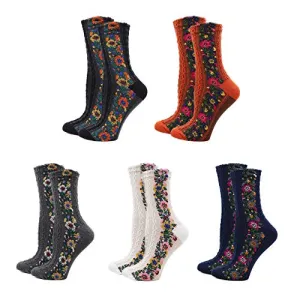 Loafers Plantar Fasciitis Women's 5 Pairs Vintage Ethnic Floral Knit Socks Stripe Flower Cotton Crew Socks
