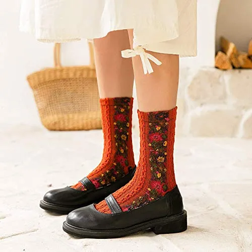 Women's 5 Pairs Vintage Ethnic Floral Knit Socks Stripe Flower Cotton Crew Socks Larson Loafers
