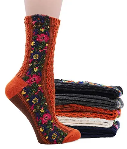 Women's 5 Pairs Vintage Ethnic Floral Knit Socks Stripe Flower Cotton Crew Socks Exchange Loafers
