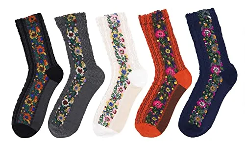 Frye Loafers Women's 5 Pairs Vintage Ethnic Floral Knit Socks Stripe Flower Cotton Crew Socks