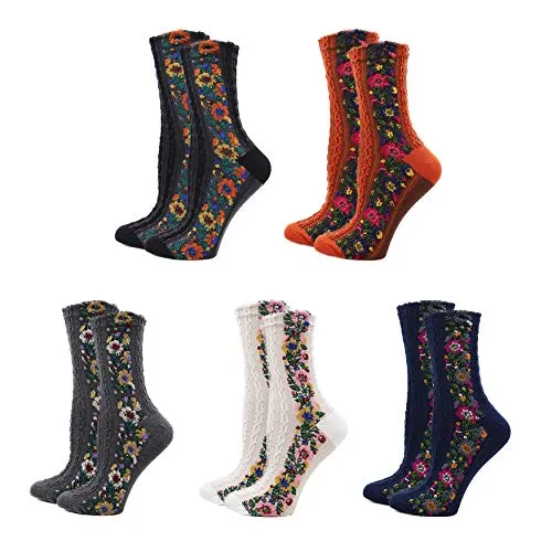 Loafers Comfortable Women's 5 Pairs Vintage Ethnic Floral Knit Socks Stripe Flower Cotton Crew Socks