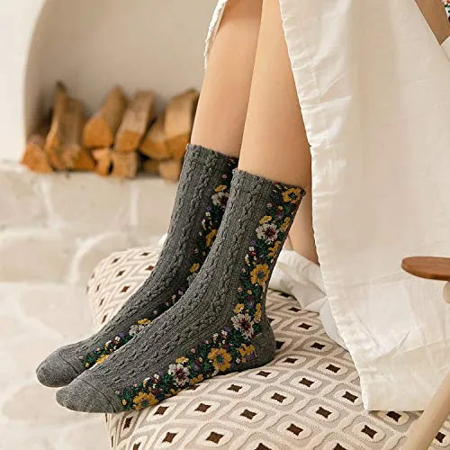 Women's 5 Pairs Vintage Ethnic Floral Knit Socks Stripe Flower Cotton Crew Socks Best Italian Loafers