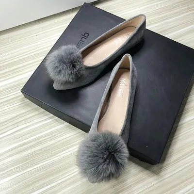 Bjlxn Women Flats Furry Ball Sweet Flat Shoes for Women Spring Summer Casual Shoes Slip on Loafers Scoop Shoes Soft Sole Comfortable Sas Loafers