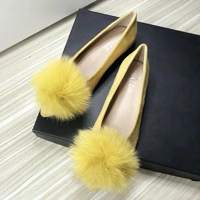 Bjlxn Women Flats Furry Ball Sweet Flat Shoes for Women Spring Summer Casual Shoes Slip on Loafers Scoop Shoes Soft Sole Comfortable Best Loafers For Wide Feet