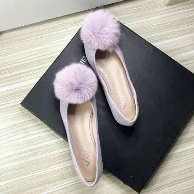 Bjlxn Women Flats Furry Ball Sweet Flat Shoes for Women Spring Summer Casual Shoes Slip on Loafers Scoop Shoes Soft Sole Comfortable Arch Support Loafers