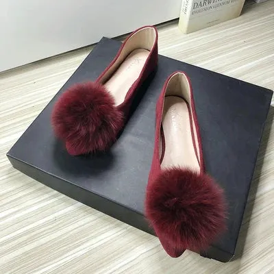 Bjlxn Women Flats Furry Ball Sweet Flat Shoes for Women Spring Summer Casual Shoes Slip on Loafers Scoop Shoes Soft Sole Comfortable G.h. Bass Weejuns Loafers