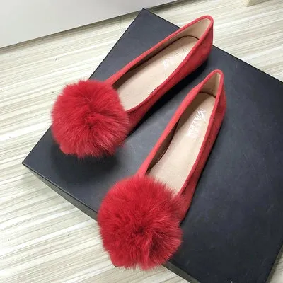 Bjlxn Women Flats Furry Ball Sweet Flat Shoes for Women Spring Summer Casual Shoes Slip on Loafers Scoop Shoes Soft Sole Comfortable White Tassel Loafers