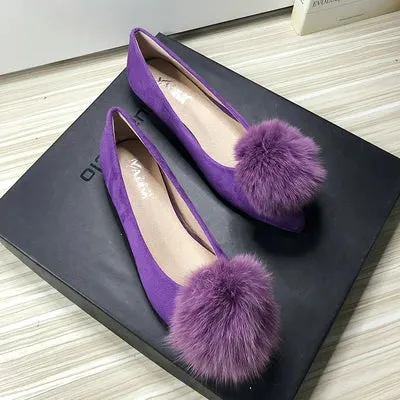Bjlxn Women Flats Furry Ball Sweet Flat Shoes for Women Spring Summer Casual Shoes Slip on Loafers Scoop Shoes Soft Sole Comfortable Marni Sabot Loafers