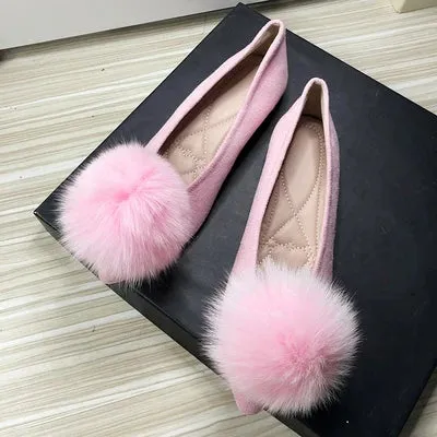 Bjlxn Women Flats Furry Ball Sweet Flat Shoes for Women Spring Summer Casual Shoes Slip on Loafers Scoop Shoes Soft Sole Comfortable Platform Chunky Loafers
