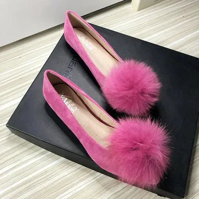 Bjlxn Women Flats Furry Ball Sweet Flat Shoes for Women Spring Summer Casual Shoes Slip on Loafers Scoop Shoes Soft Sole Comfortable Patent Penny Loafers