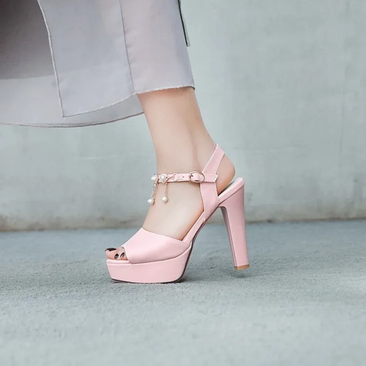 Sandals Png Women's Ankle Strap Chains Pearls High Heel Platform Sandals