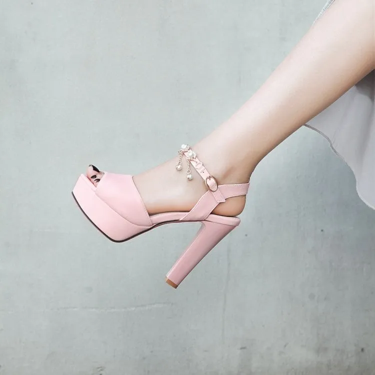 Job Opportunities Women's Ankle Strap Chains Pearls High Heel Platform Sandals