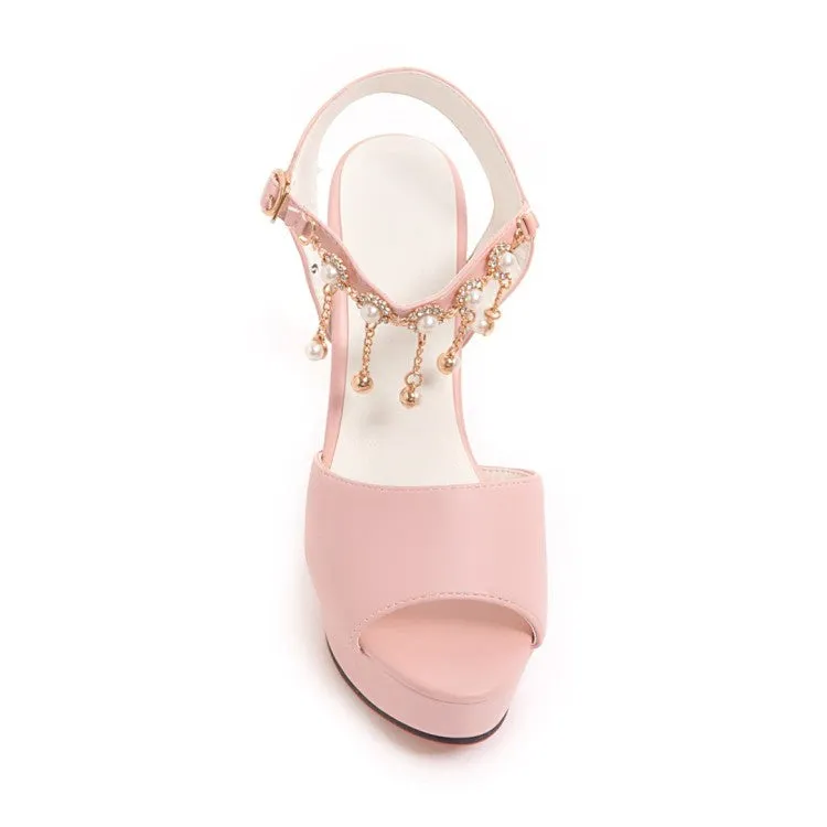 Inlet Sandals Women's Ankle Strap Chains Pearls High Heel Platform Sandals