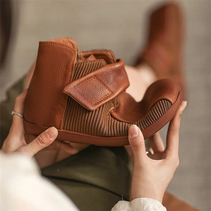 Retro Style Flats Soft Leather Walking Touch-strap Shoes in Brown/Black Women Oxfords