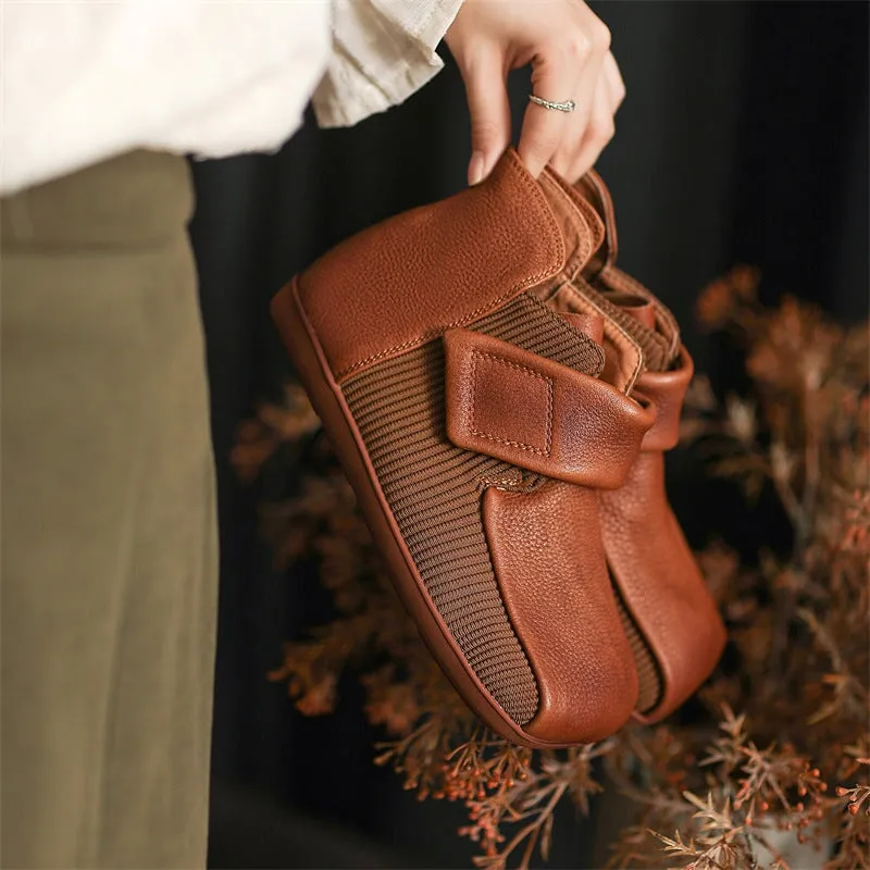 Toledo Oxfords Retro Style Flats Soft Leather Walking Touch-strap Shoes in Brown/Black