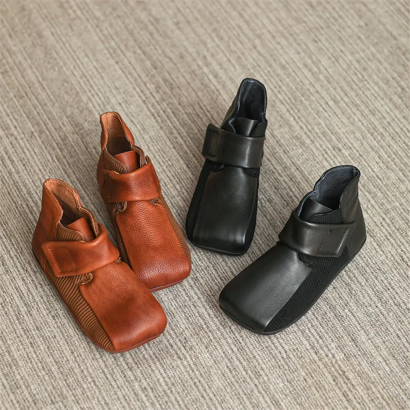 Leather Lace Up Oxfords Retro Style Flats Soft Leather Walking Touch-strap Shoes in Brown/Black